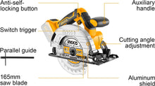 INGCO CSLI1651 Li-Ion Cordless Circular Saw 165mm 20V Skin