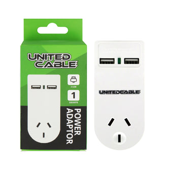 Double Adaptor Vertical Surge Protection White 10A 240V 2 Outlets 2 USB-A 2.4A SAA