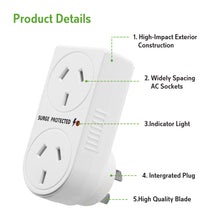 Power Adaptor Vertical Surge Protection with Indicator White 10A 240V 2 Outlets SAA