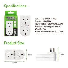Power Adaptor Vertical Surge Protection with Indicator White 10A 240V 2 Outlets SAA
