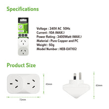 Power Adaptor Standard White 10A 240V 2 Outlets SAA