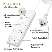 UNITED CABLE Power Board Surge Protection with Indicator White 10A 240V 1M 4 Individually Switched Outlet SAA