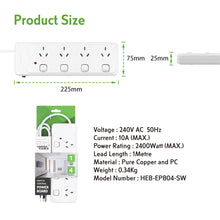 UNITED CABLE Power Board Surge Protection with Indicator White 10A 240V 1M 4 Individually Switched Outlet SAA