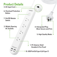 Power Board 4 Outlet with Master Switch White 10A 240V 1M 2 USB-A & 2 T-C 3.4A SAA