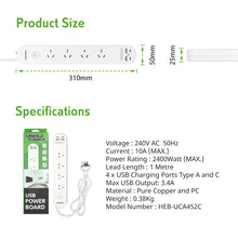 Power Board 4 Outlet with Master Switch White 10A 240V 1M 2 USB-A & 2 T-C 3.4A SAA