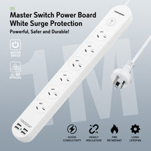 Power Board 6 Outlet with Master Switch White 10A 240V 1M 4 USB-A 3.4A SAA