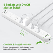 Power Board 6 Outlet with Master Switch White 10A 240V 1M 4 USB-A 3.4A SAA