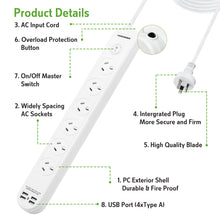 Power Board 6 Outlet with Master Switch White 10A 240V 1M 4 USB-A 3.4A SAA