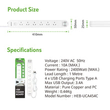 Power Board 6 Outlet with Master Switch White 10A 240V 1M 4 USB-A 3.4A SAA