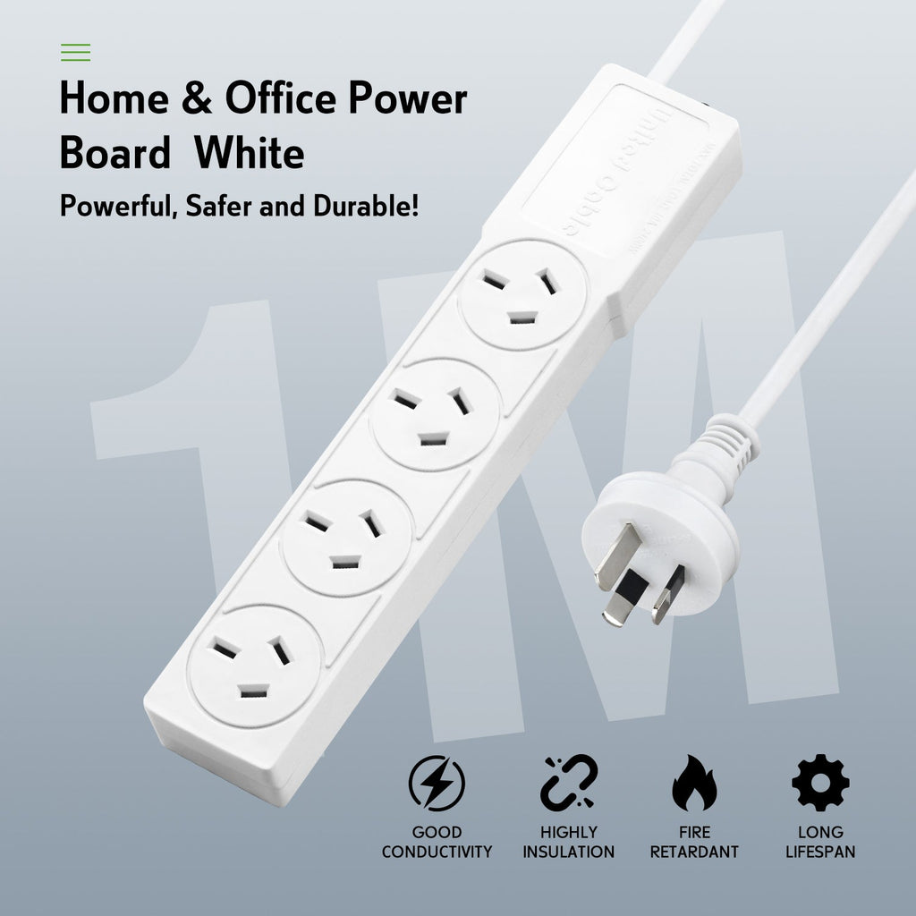 Power Board Overload Protection White 10A 240V 1M 4/6 Outlet SAA– Maxrite