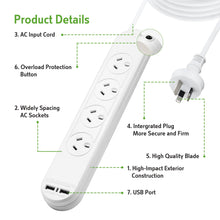 UNITED CABLE Powerboard 4 Way AUS Sockets with 2 USB Charging Ports Surge Protected