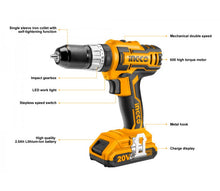 INGCO CIDLI2002S Li-ion Cordless Hammer Drill 20V Kit
