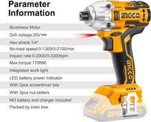 INGCO CIRLI20020 Li-ion Brushless Impact Driver 20V Skin