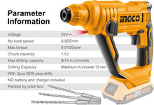 INGCO CRHLI1601 Li-Ion Cordless Rotary Hammer Drill 20V Skin 900min