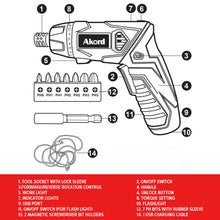 Akord Cordless Screwdriver Set 7-bits & 2-bit Holders With Usb Charging Cable 3.6v KCS626B-B