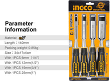 INGCO HKTWC0401 Wood Chisel Set 4Pcs 6,12,19,25mm
