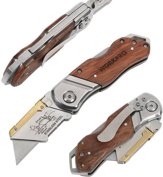 WORKPRO WP211014 Lock-Back Folding Utility Knife With Quick Change Mechanism & Wooden Handle